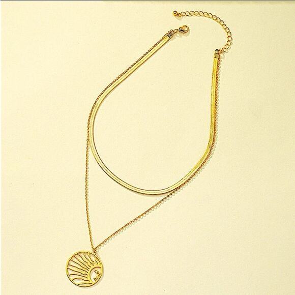 Gold Plated Sun Necklace, Herringbone, Hollow Out, Boho, Multilayer - Picture 5 of 6